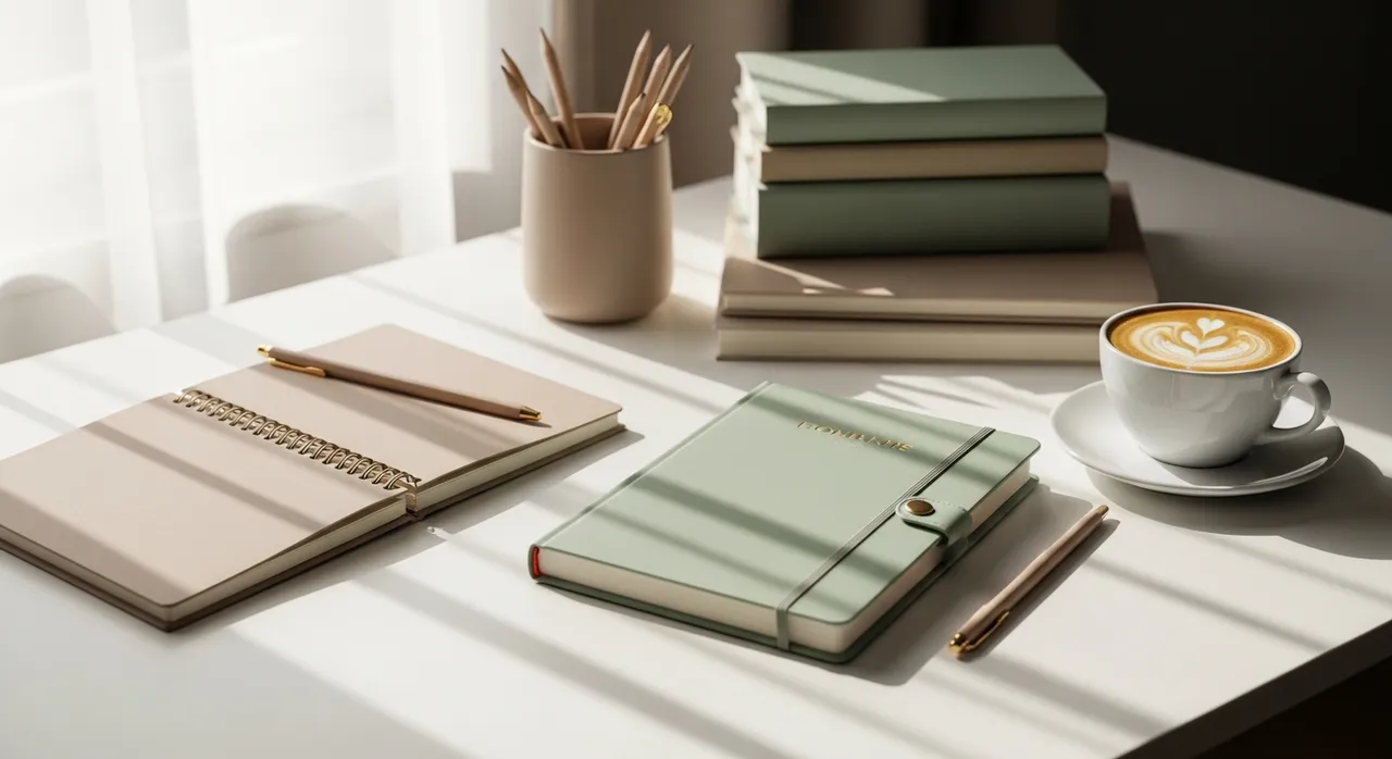 Beautifully organized desk with a planner in soft sage tones